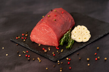 Food photography of raw beef, tenderloin, fillet, meat, sirloin, loin, steak, beefsteak, butchery
