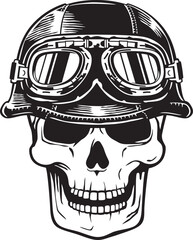Biker Skull with Motorcycle Helmet and Googles. Motorbike Vintage Icon. Old-style Retro Design. Vector Illustration.