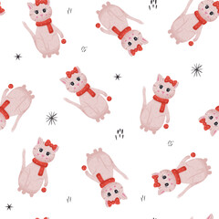 Christmas seamless pattern of cat with red bow and scarf