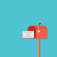 Red mailbox send letter. Mail delivery with envelope. Vector illustration 