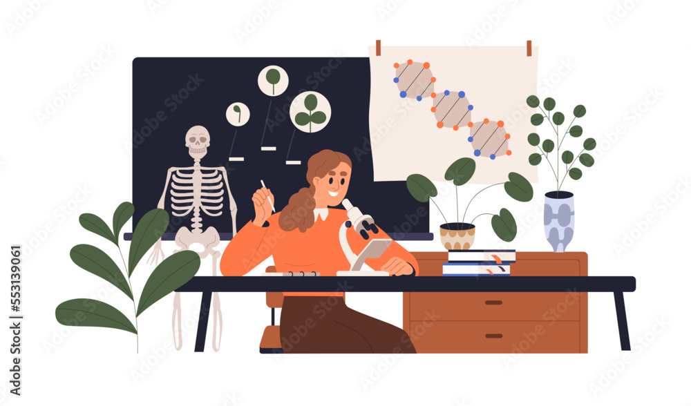 Poster teacher of natural science in biology class room. professor at table with microscope, skeleton in sc