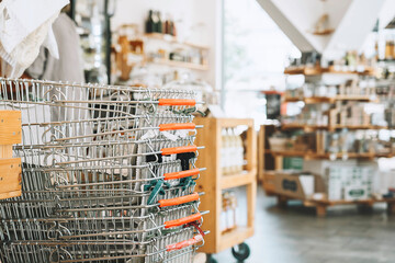 Stack of shopping baskets in zero waste shop