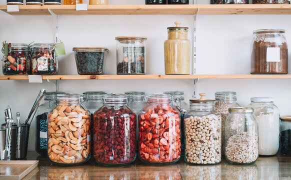 Dried fruits arranged on display in zero waste shop