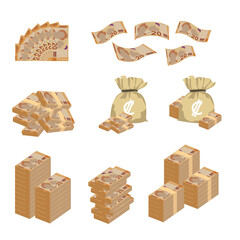 Costa Rican Colon Vector Illustration. Huge packs of Costa Rica money set bundle banknotes. Bundle with cash bills. Deposit, wealth, accumulation and inheritance. Falling money 20000 CRC.