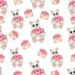 Seamless pattern with baby kitten and love letter. Valentine’s Day,greeting cards,fabric and textile.