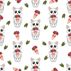 Obraz premium Seamless pattern with baby kitten and pink rose bouquet. Valentine’s Day, birthday,greeting cards,fabric and textile.