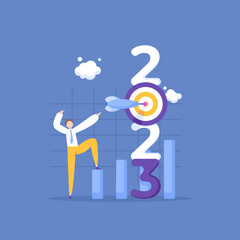 determine targets for business in 2023. an entrepreneur analyzes and sets strategies to develop or improve business performance. happy new year 2023. illustration concept design. graphic elements
