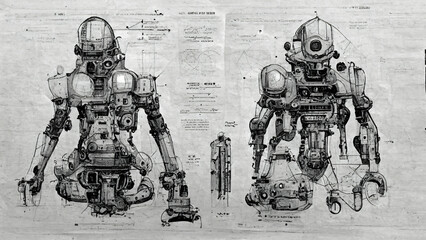 Technical Drawings and blueprint of imaginary Robots.
 - obrazy, fototapety, plakaty