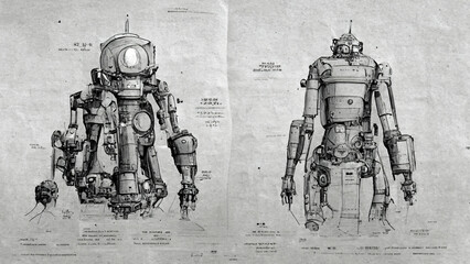 Technical Drawings and blueprint of imaginary Robots.
