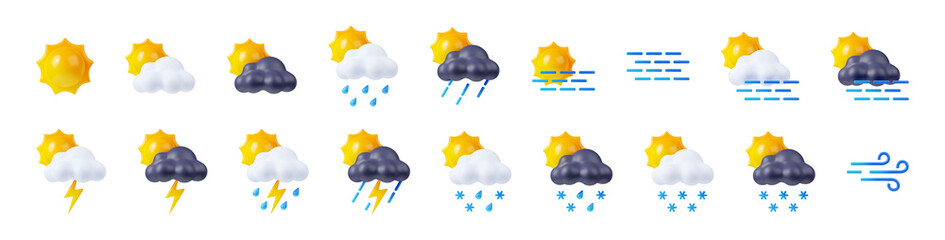 Weather forecast icons with sun, clouds, rain, snow and fog. Meteorology and climate symbols for winter and summer season. Signs of clear, cloudy, rainy, storm and snowy weather, 3d render set - obrazy, fototapety, plakaty