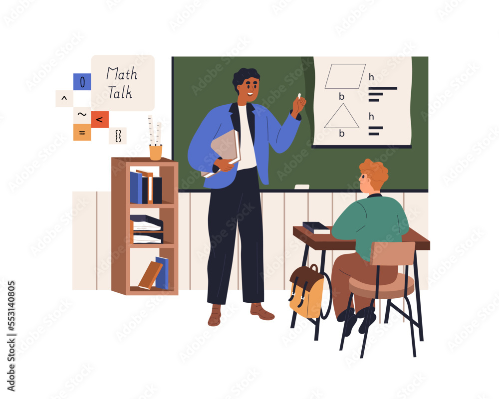 Poster Maths teacher and student in classroom at school. Teaching and studying mathematics at lesson. Pupil learning in mathematical class room. Flat vector illustration isolated on white background