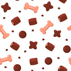 Dry pet food pattern. Seamless print of dog meal cartoon flat style, snacks for domestic and street animals colorful background. Vector texture