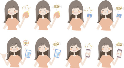 【お金イラスト/お財布、カード、電卓、スマホを持っている女の子】表情とポーズのバリエーションセット