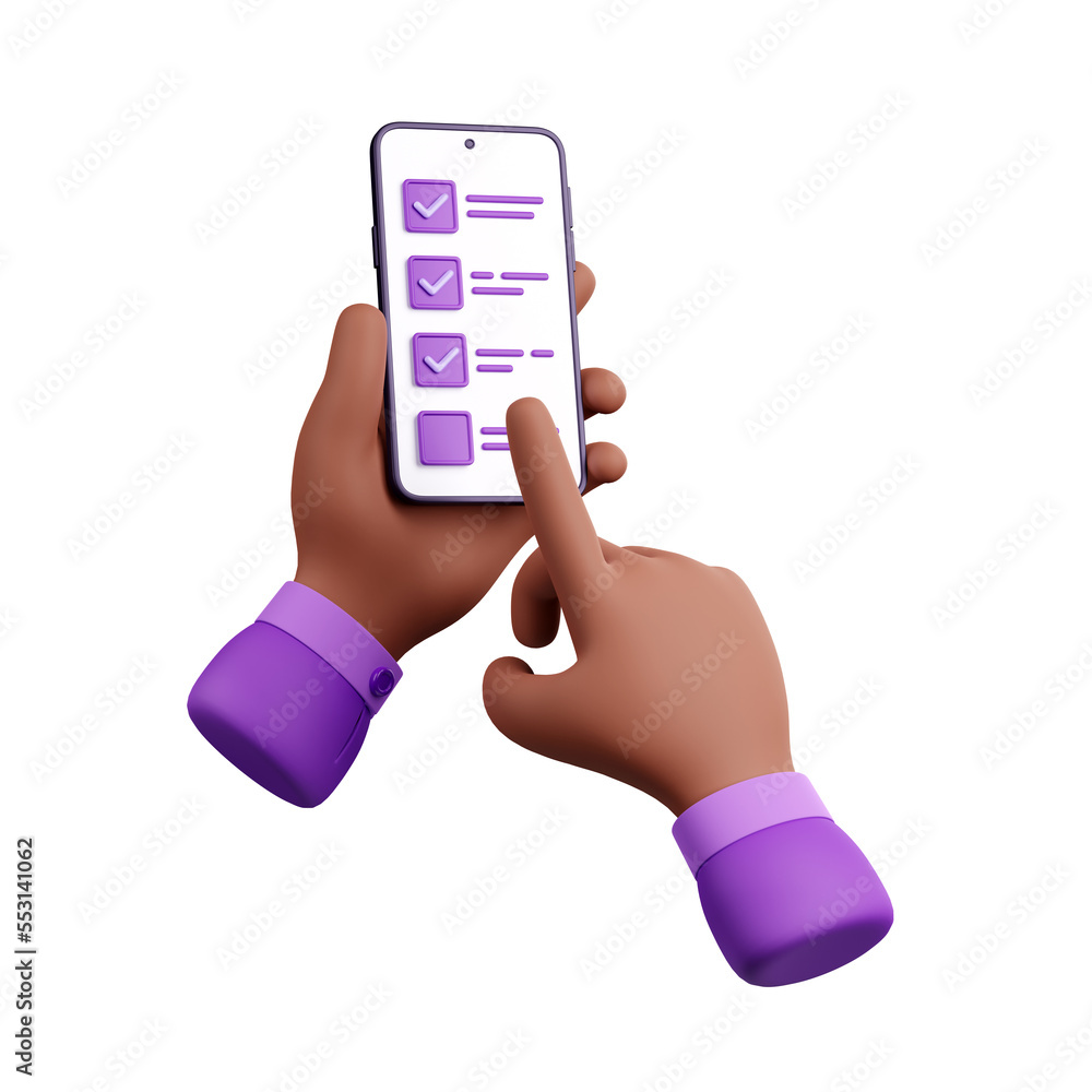 Aufkleber 3d render smartphone in black hands with finger fill online survey or test form on screen. phone and