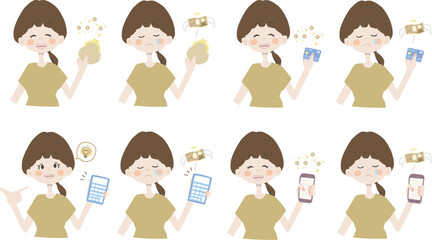 【お金イラスト/お財布、カード、電卓、スマホを持っている女の子】表情とポーズのバリエーションセット