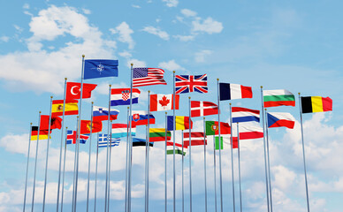 NATO , Flags of countrys of North Atlantic Treaty Organization and flag ,with blue sky ,3d rendering - obrazy, fototapety, plakaty