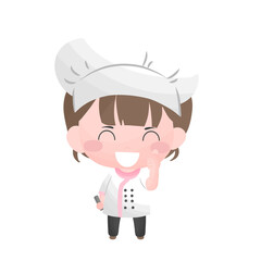 cute girl cooking, female chef show thumb up, woman cooking in chef costume