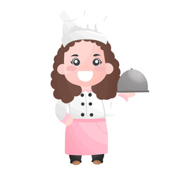 cute girl cooking, woman cook restaurant with mea in chef costume