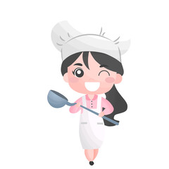cute girl cooking, woman cook restaurant in chef costume