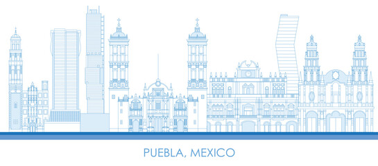 Outline Skyline panorama of city of Puebla, Mexico - vector illustration