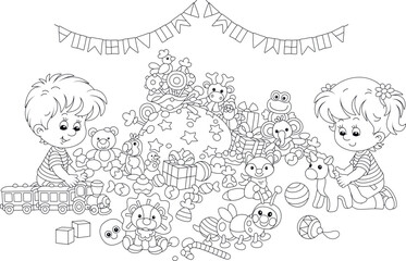 Happy little boy and girl playing with their new funny toys from a large heap of winter holiday gifts and sweets from the good old magician, black and white vector cartoon illustration