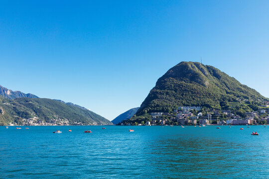Switzerland, Ticino Canton, Lugano, View of Lake Lugano with Monte San Salvatore in background