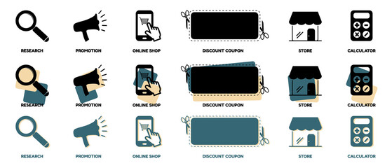 Different Isolated e-Commerce Online Shopping Icons Set