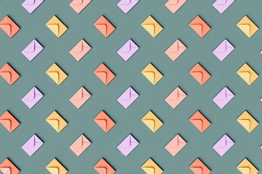 Three dimensional pattern of rows of pastel colored envelopes flat laid against green background