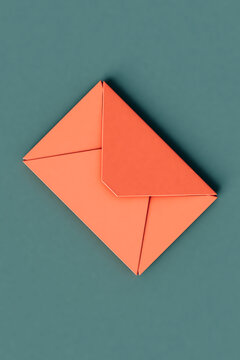 Three dimensional render of pastel red envelope lying against green background