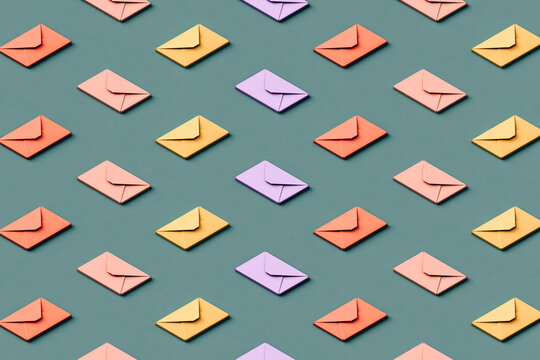 Three dimensional pattern of rows of pastel colored envelopes flat laid against green background