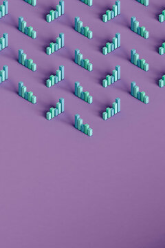 Three dimensional render of pastel colored bar graphs standing against purple background