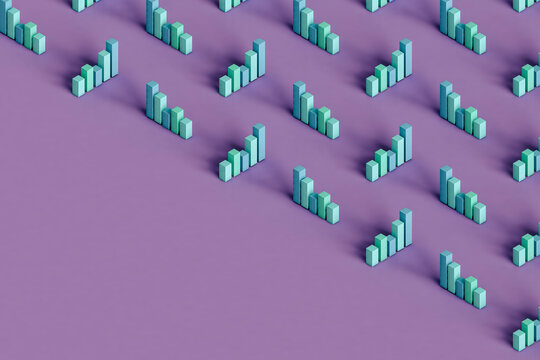 Three dimensional render of pastel colored bar graphs standing against purple background
