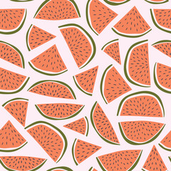 Watermelon seamless texture. Exotic fruit seamless pattern in hand-drawn style. Vector repeat background for colorful summer fabric. 
