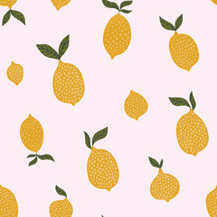 Lemon texture. Exotic fruit seamless pattern in hand-drawn style. Vector repeat background for colorful summer fabric. 