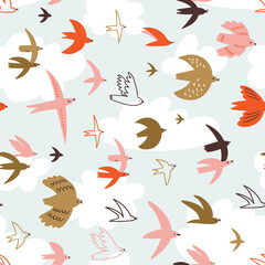 Cute spring seamless pattern with flying birds in the sky. Vector animal background. Repeated fabric design.