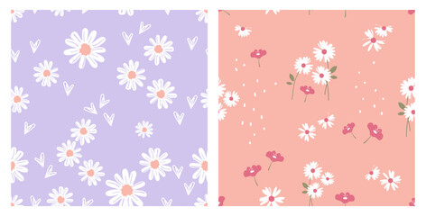 Seamless pattern with hand drawn daisy flower, hearts, dots and green leaves on purple and pink background vector illustration. Cute floral print.