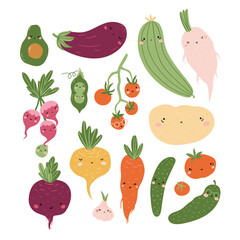 Vector cartoon vegetable characters. Cute organic sticker set isolated on the white background. Funny illustration in hand-drawn style. 