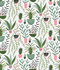 Green seamless tropical floral pattern. Vector repeat background with house plants in hand-drawn style. - 553142847