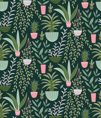 Green seamless tropical floral pattern. Vector repeat background with house plants in hand-drawn style.