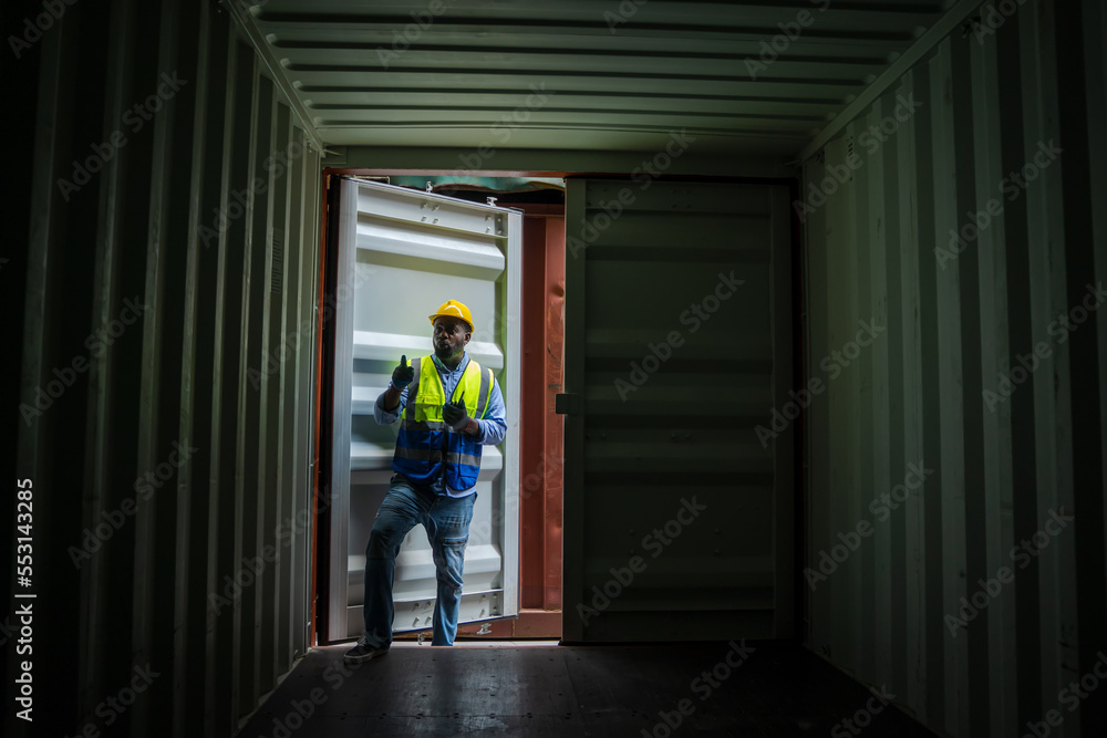 Poster Container operator inspection containers box from cargo ship for export and import at container yards.