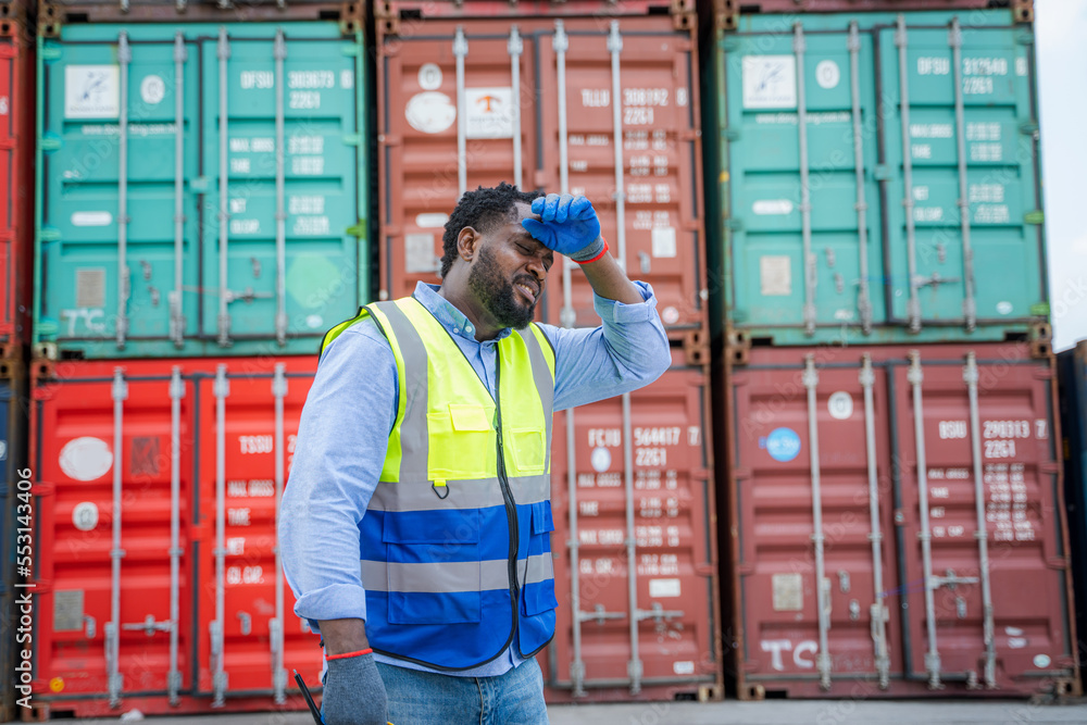 Poster foreman checking loading containers box for cargo freight ship for import export,foreman inspect ind