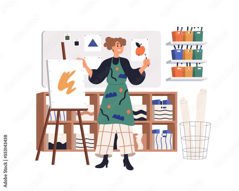 Poster teacher in art class at school. artist teaching to draw at creative workshop. woman explaining paint