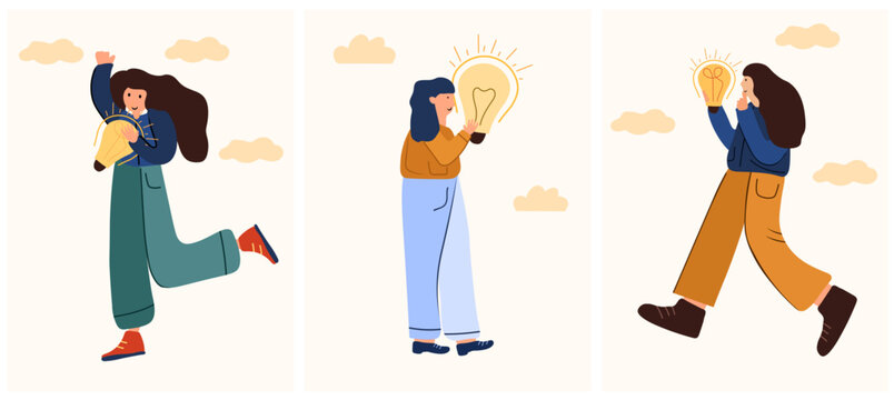 A Woman Is Looking For A Solution To A Problem, Holding A Light Bulb In Her Hand As A Symbol Of Brilliant Ideas And Achieving Their Goals. The Concept Of Business, Finding Ideas, Understanding. Vector