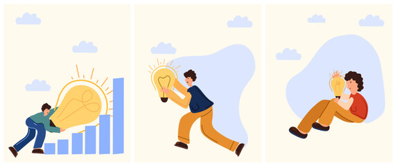 A man in the process of creating a business idea. A light bulb as a symbol of finding solutions and achieving goals. The concept of business, finding ideas, understanding. Vector illustration