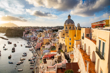 beautiful italian island procida famous for its colorful marina, tiny narrow streets and many...