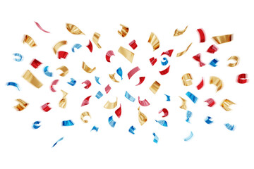 red blue golden confetti isolated on white background. 3D rendering, 3D illustration.