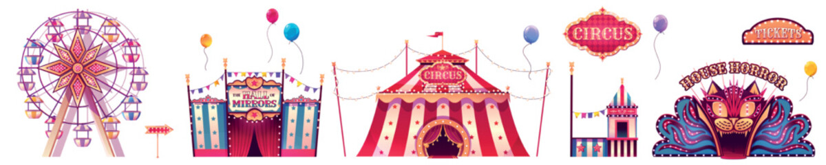 Carnival fair, amusement park with circus tent, ferris wheel, house of horror and hall of mirrors. Funfair tents and attractions, ticket booth, signs and balloons, vector cartoon set © klyaksun