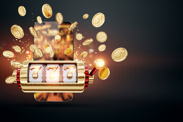 Fototapeta premium Slots online, playing 777 on a smartphone, gambling, betting, casino, jackpot, coins. mixed media. 3D render, 3D illustration.