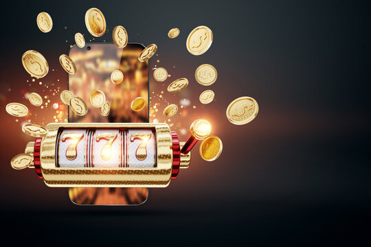 Slots online, playing 777 on a smartphone, gambling, betting, casino, jackpot, coins. mixed media. 3D render, 3D illustration.