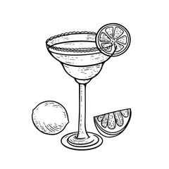 Hand drawn outline black color Margarita cocktail engraving style.